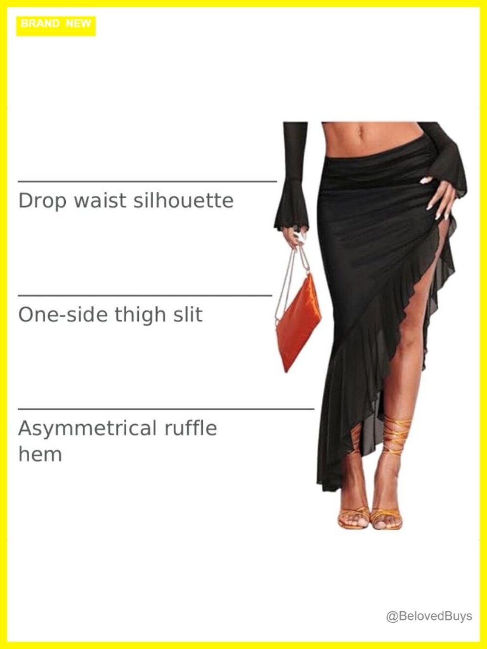 Asymmetrical High Slit Mesh Long Bodycon Maxi Skirt Ruffle Hem Ruched Flowy - Picture 3 of 6
